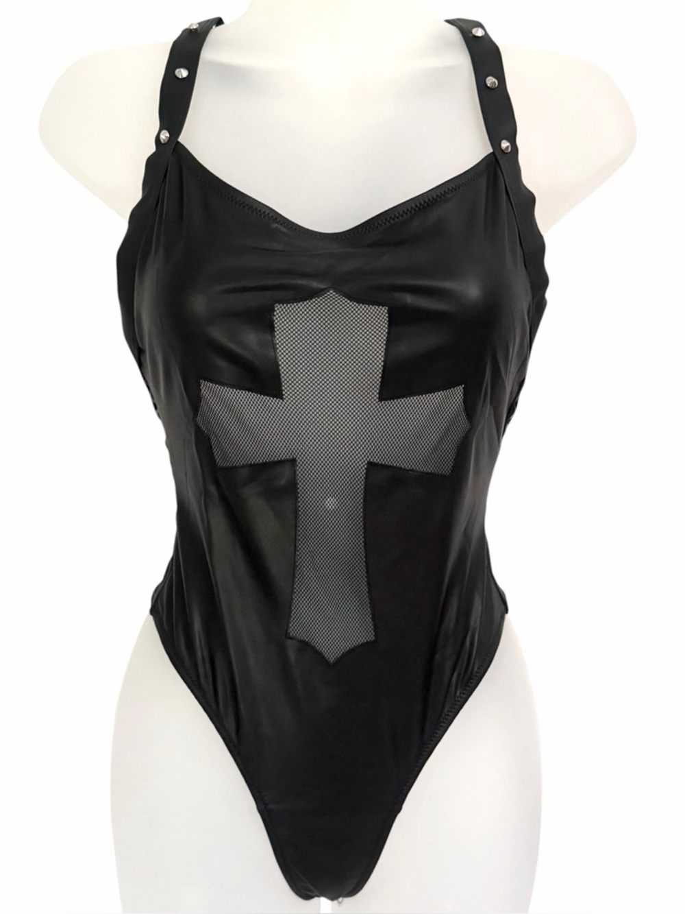 Widow Swimsuit M Steel and Ice Mesh Cross Cutout Black Dolls Kill